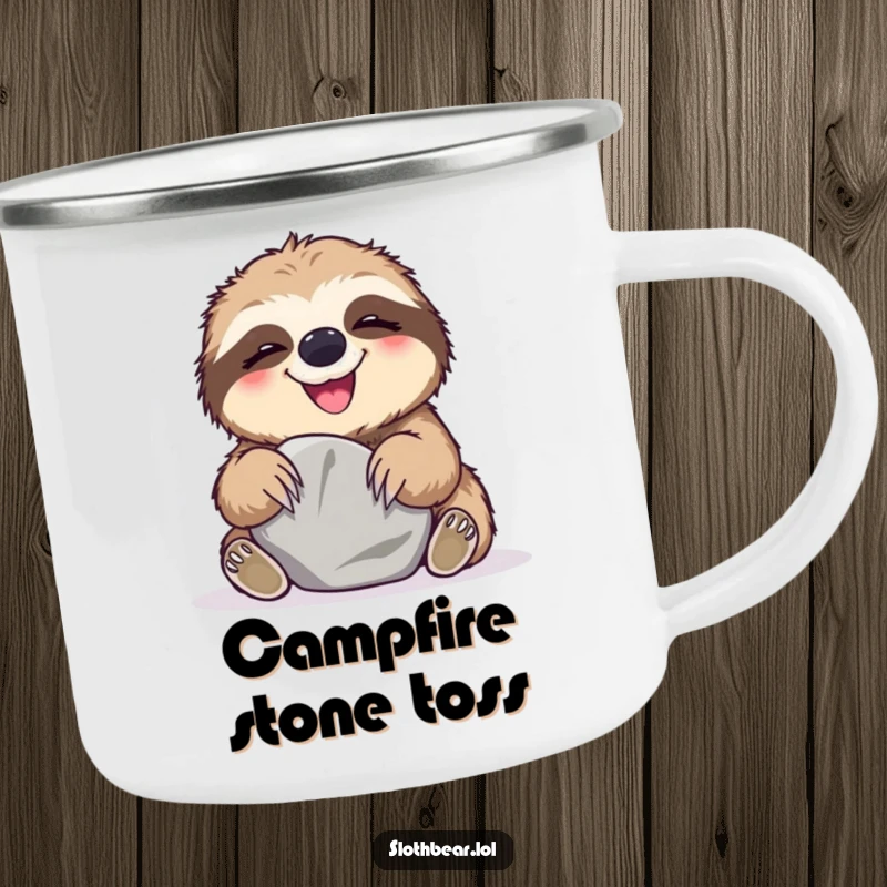 Funny Camping Mug featuring a sloth bear giggling while playing with a smooth stone, perfect for enjoying nature with humor.