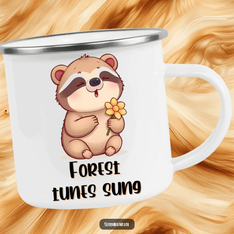 Funny Camping Mug featuring a sloth bear humming a tune while holding a flower, perfect for enjoying nature with music.