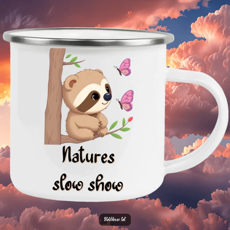 Funny Camping Mug featuring a curious sloth bear watching a butterfly, perfect for enjoying nature's moments outdoors.