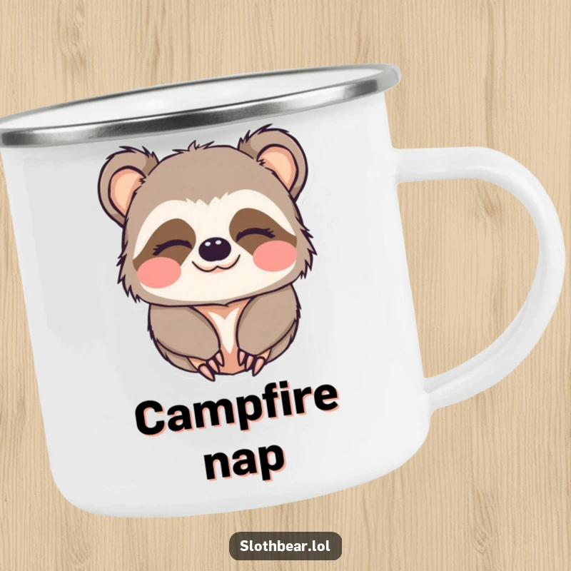 Funny camping mug with a kawaii sloth bear character looking sleepy and giving a charming wink.