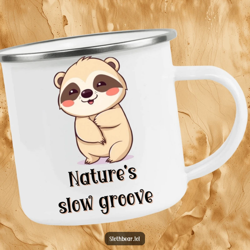 Funny camping mug with a sloth bear doing a slow, deliberate wiggle, great for outdoor enjoyment.