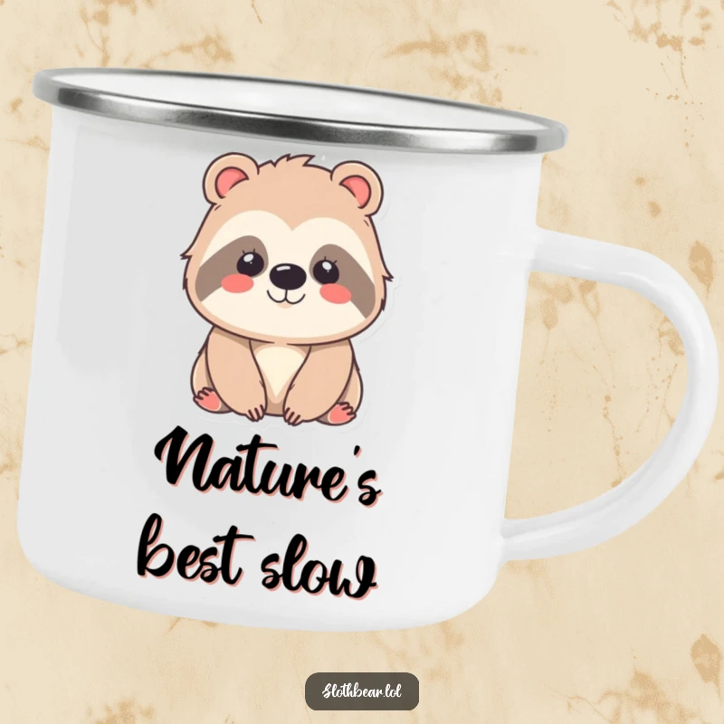 Funny kawaii sloth bear camping mug with a gentle, contented smile, durable for adventures and radiating adorable, peaceful charm.