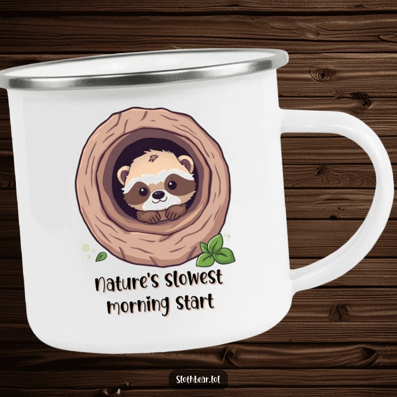 Funny sloth bear cub peeking from a hollow log, printed on an enamel camping mug, combining outdoorsy vibes with cute humor.