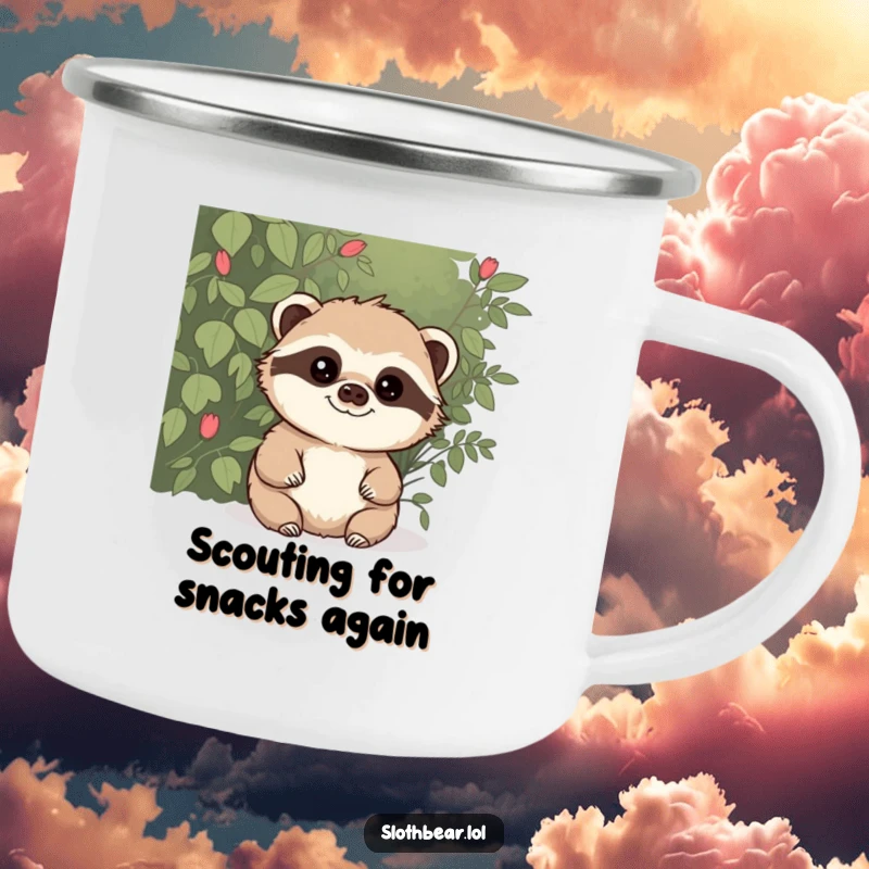 Funny camping mug featuring a sloth bear with a mischievous glint, peeking from behind a bush, perfect for outdoor use with a humorous twist.
