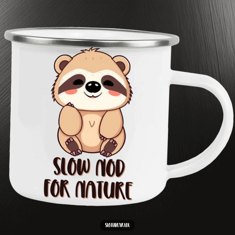 Funny Camping Mug with a kawaii sloth bear character giving a slow, friendly nod, perfect for outdoor enjoyment and calm vibes.