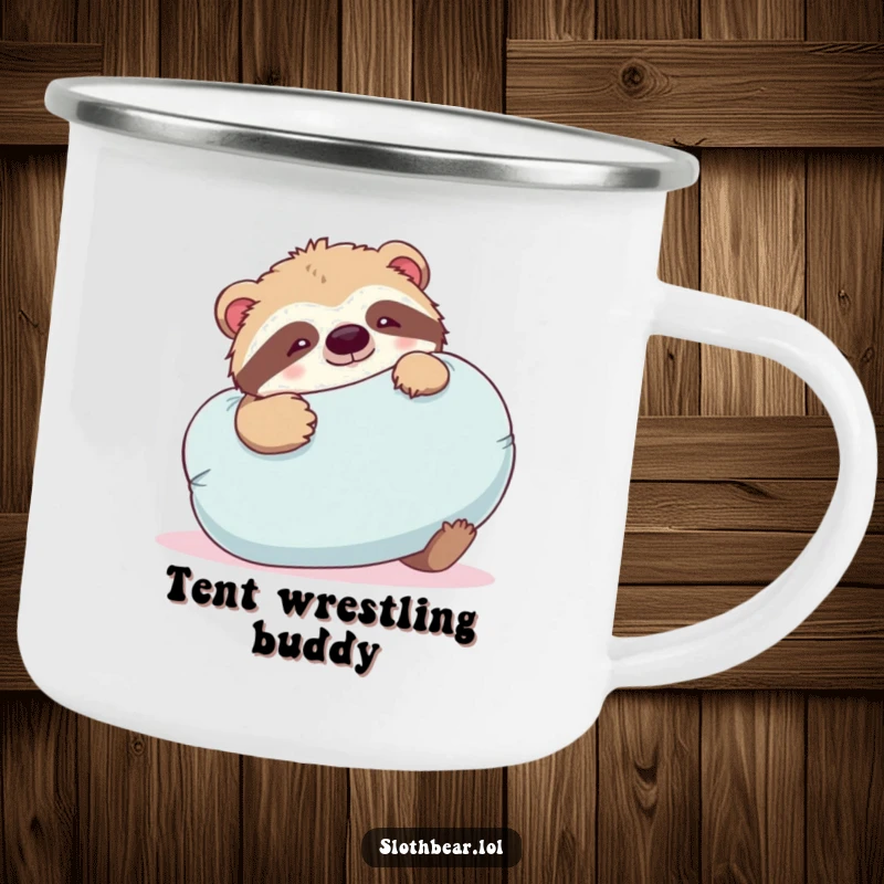 Funny sloth bear camping mug showing a bear playfully wrestling with a large, soft pillow, durable for playful adventures.