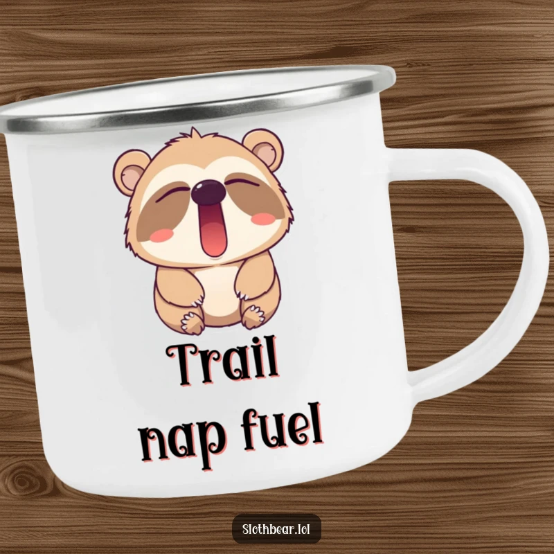 Funny sloth bear yawn camping mug, featuring a sleepy bear, designed for durable outdoor use during nature adventures.