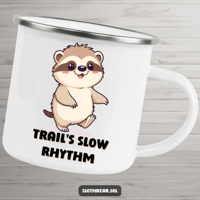 Funny Sloth Bear Camping Mug with a character doing a happy shuffle, perfect for relaxed outdoor enjoyment and a cheerful mood.