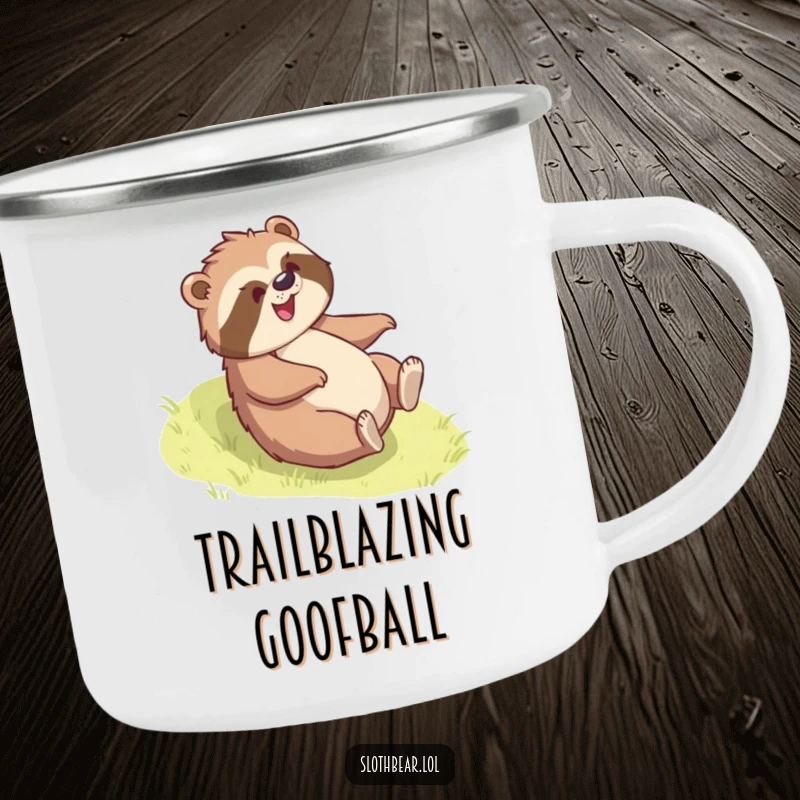 Funny sloth bear camping mug with a bear joyfully rolling down a grassy slope, evoking fun and humor for outdoor trips.