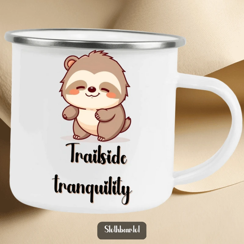 Funny sloth bear camping mug showing a bear ambling peacefully with a contented expression, ideal for calm outdoor enjoyment.