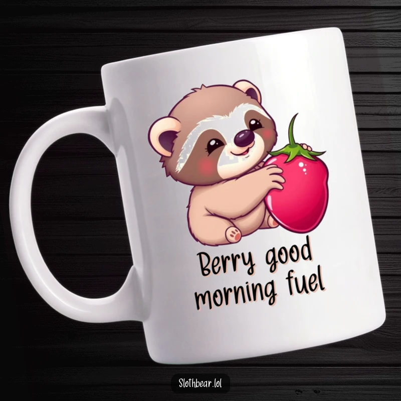 Funny mug design: A kawaii sloth bear character with a happy expression reaching out to grab a juicy red berry.