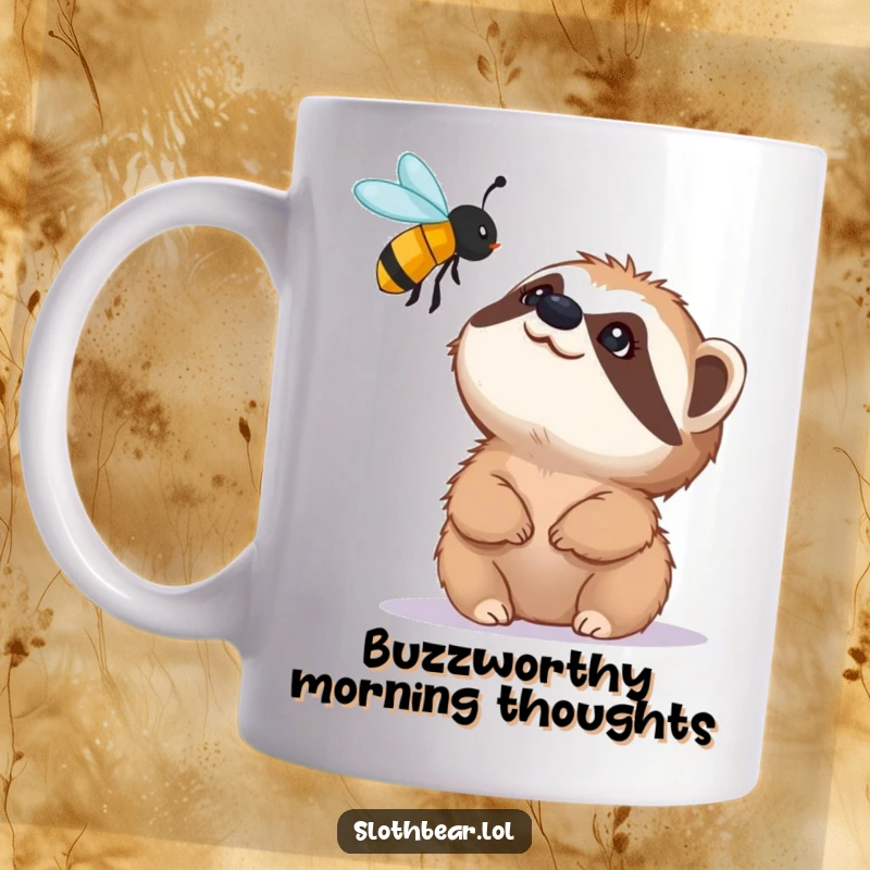 Funny mug with a small sloth bear character looking up with fascination at a buzzing bee, capturing a moment of curious wildlife.
