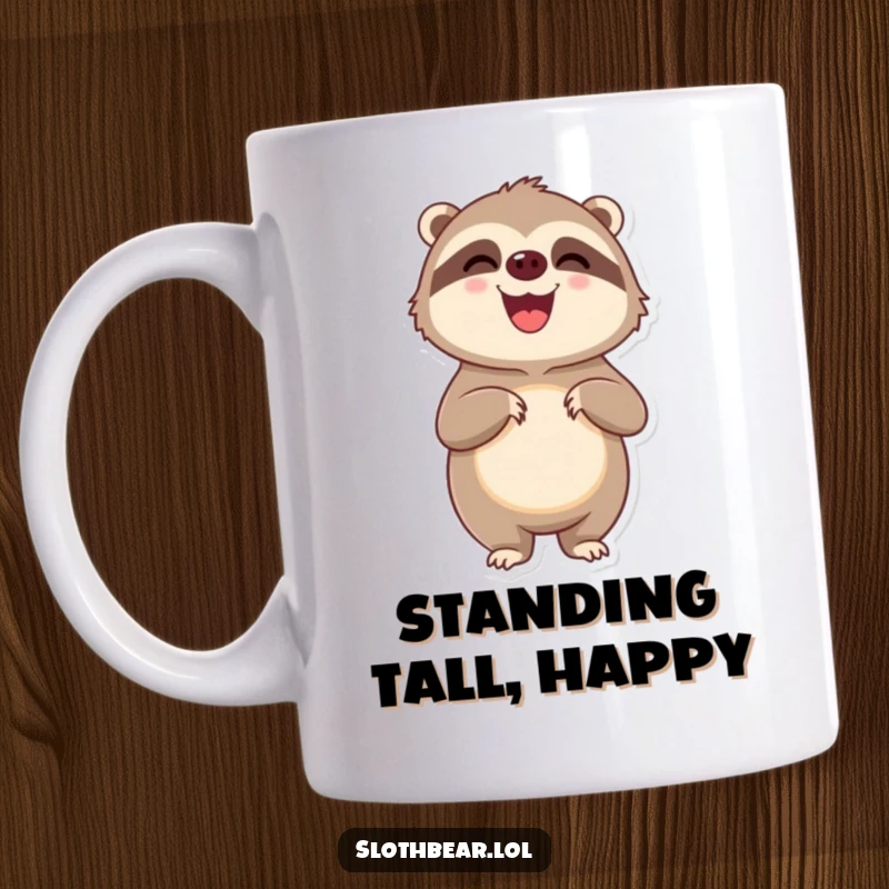 Funny delighted sloth bear character standing proudly on its hind legs, looking very pleased with itself on a mug.