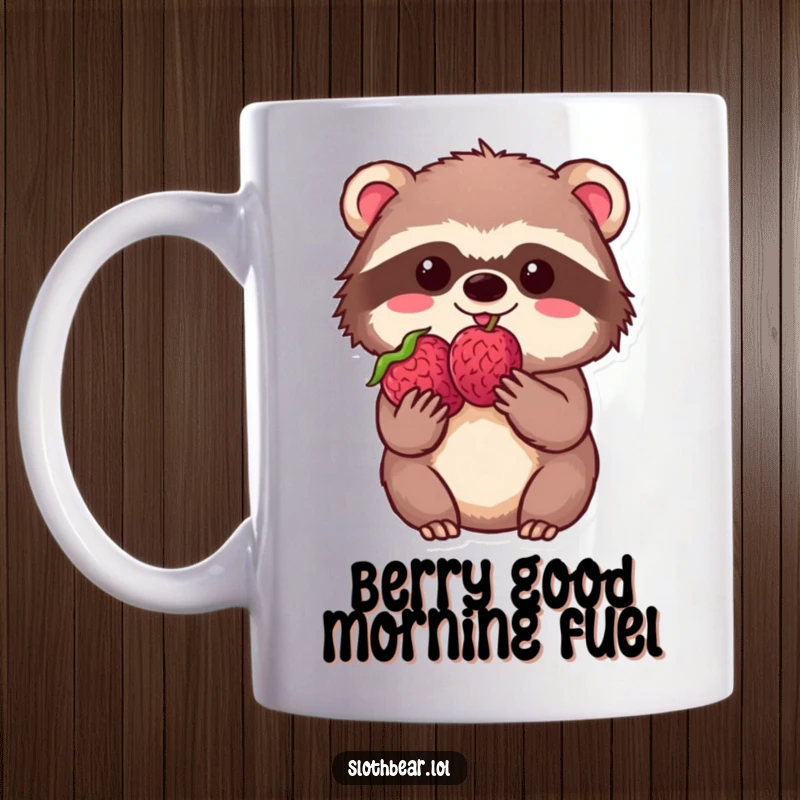 Funny kawaii sloth bear holding a single, perfect berry with utmost delight on a charming mug, showcasing simple joy.