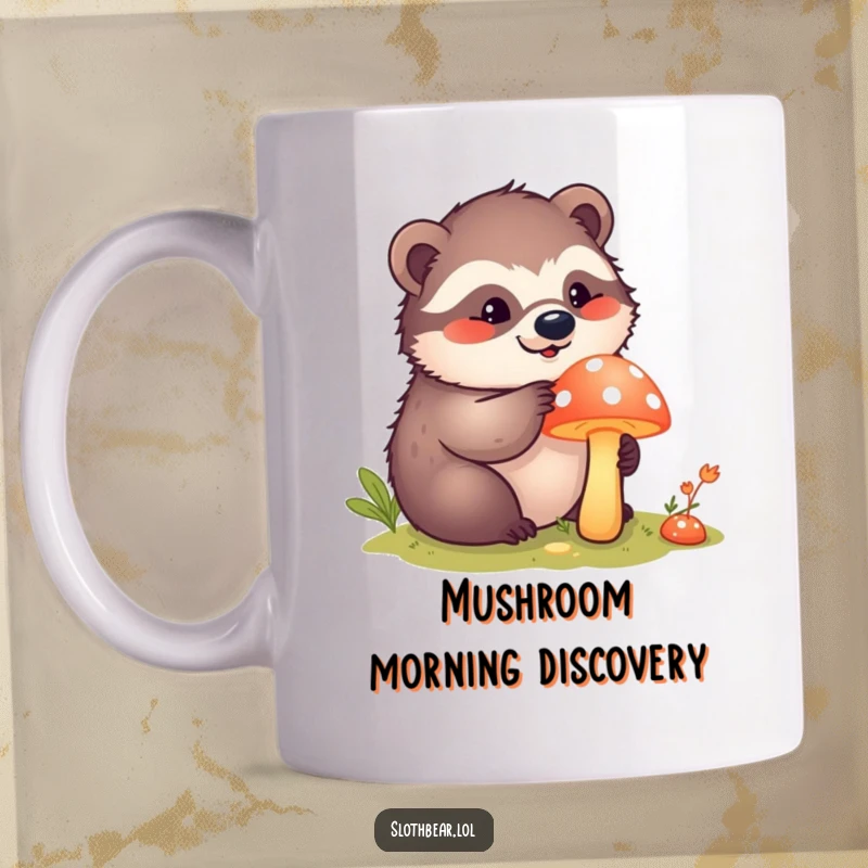 Funny kawaii sloth bear curiously poking at a bright mushroom on a mug, embodying innocent exploration and wonder.