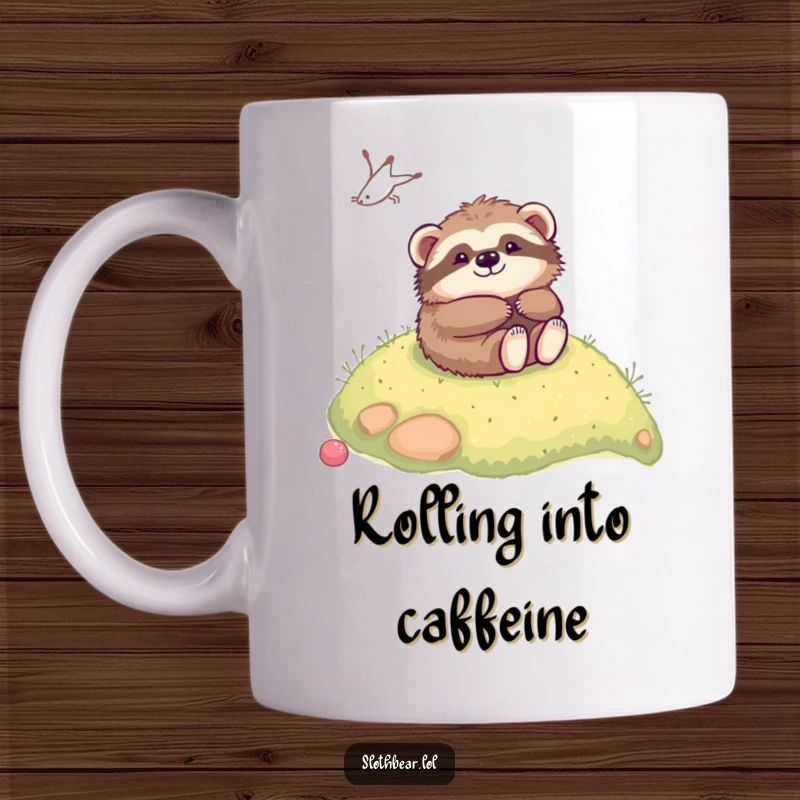 Funny kawaii sloth bear playfully rolling down a soft, mossy hill, depicted on a charming mug, radiating pure fun.