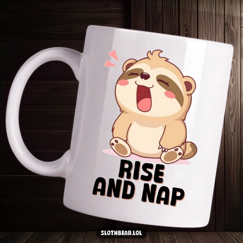 Funny mug featuring a sloth bear character yawning widely with a deeply contented sigh.