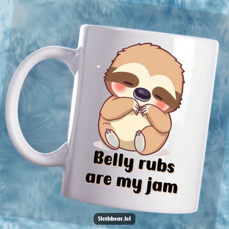 Funny mug showing a happy sloth bear scratching its belly with a contented expression, exuding pure relaxation and joy.