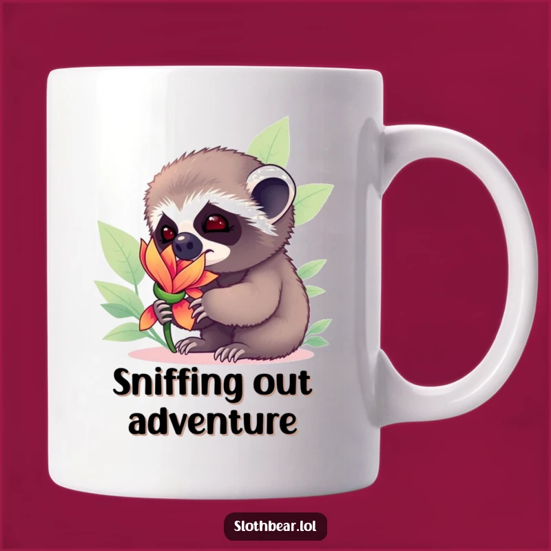 Funny Sloth Bear Cub Mug: Curious Cub Sniffing Flower, a Whimsical and Funny Gift