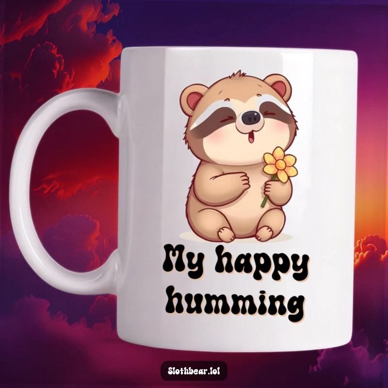 Funny Mug featuring a sloth bear humming a gentle tune while holding a delicate flower, radiating peaceful joy.