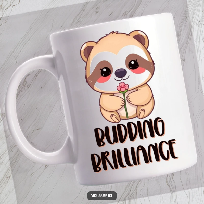 Funny mug showcasing a kawaii sloth bear with closed eyes, perfectly balancing a tiny flower bud on its nose.