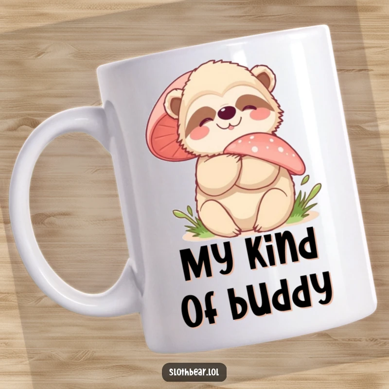 Funny sloth bear mug with a joyful character hugging a large, fuzzy mushroom, symbolizing comfort and nature's embrace.