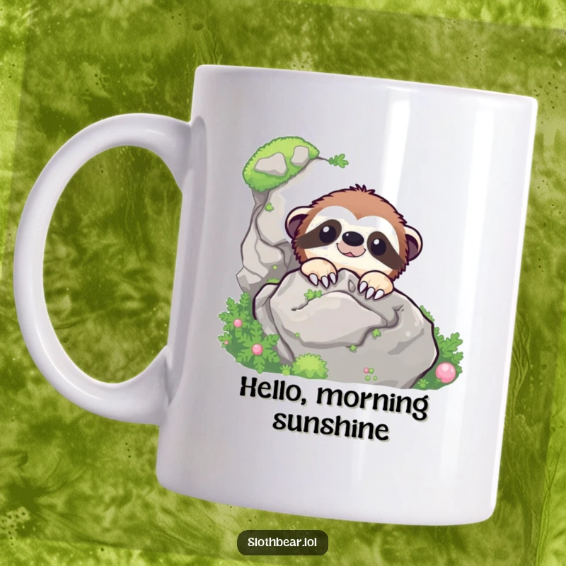 Funny cheerful sloth bear character peeking from behind a large, mossy rock, captured on a delightful mug.