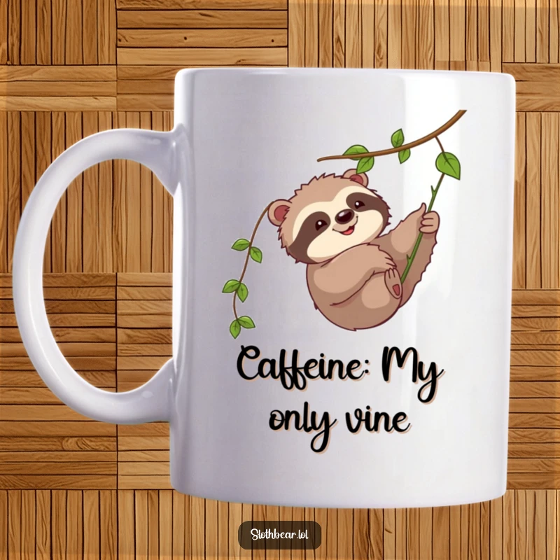 Funny mug design: A cute sloth bear character playfully swatting at a dangling green vine with a happy expression.