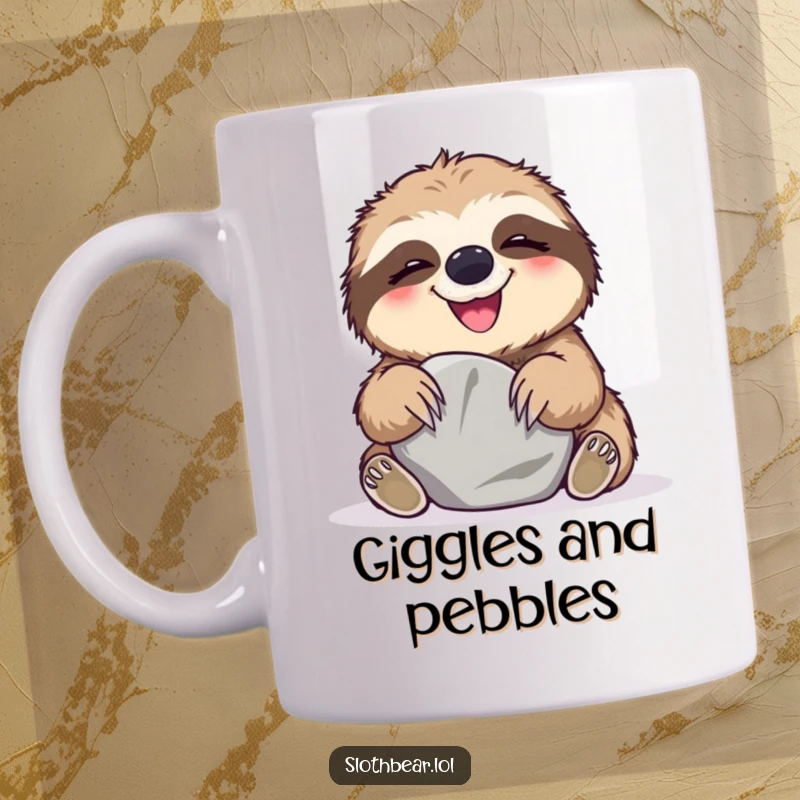 Funny Mug showing a sloth bear giggling uncontrollably while playing with a smooth, round stone, pure simple joy.