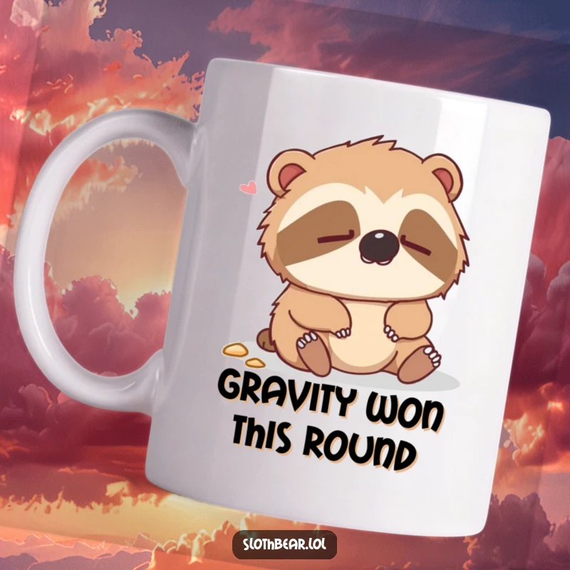 Funny mug featuring a dazed sloth bear looking confused after a gentle fall, perfect for humor lovers.