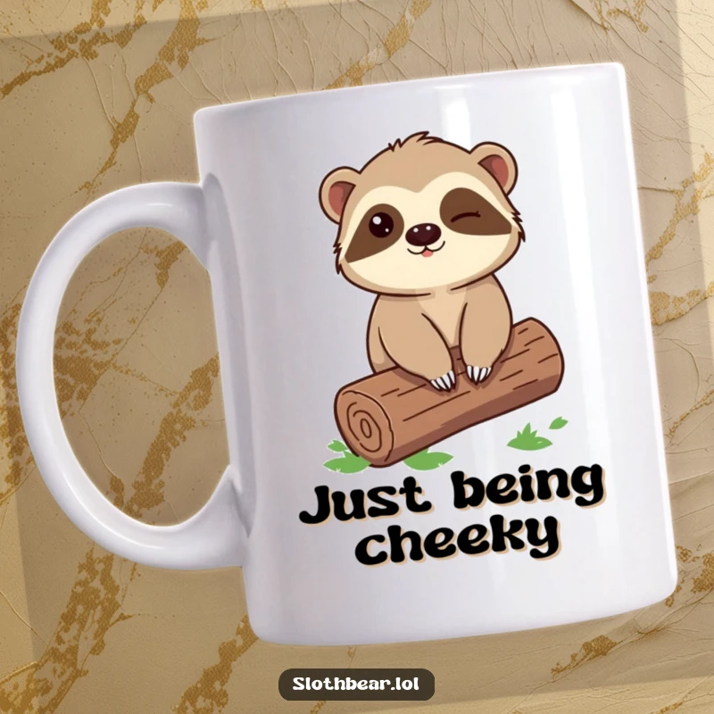 Funny Sloth Bear Mug showing a character winking mischievously while sitting comfortably on a log, exuding a fun personality.
