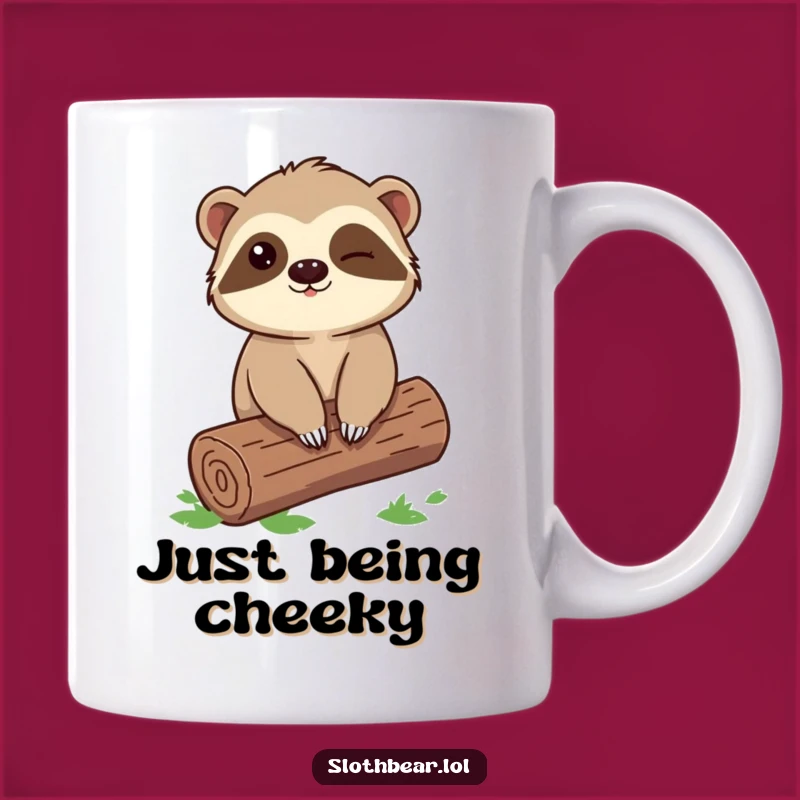 Funny Sloth Bear Mug: Winking Character on Log, Mischievous Gift