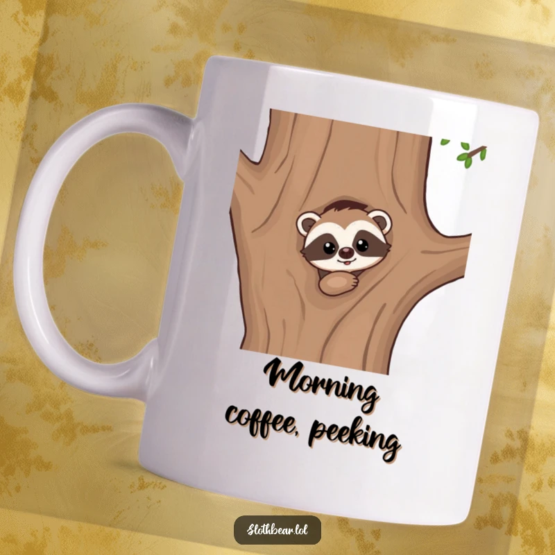 Funny mug design: A kawaii sloth bear character peeking with wide, curious eyes from behind a large, textured tree trunk.