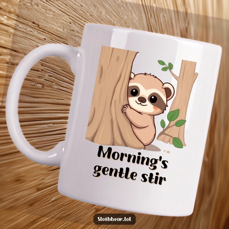 Funny mug showing a cute sloth bear with fuzzy ears curiously peeking from behind a textured tree trunk, full of playful charm.