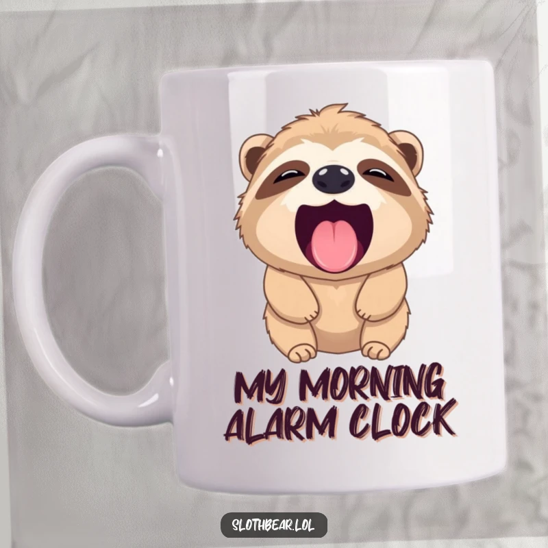 Funny sloth bear mug showing a sleepy bear yawning wide with a tiny pink tongue sticking out, perfect for coffee lovers.