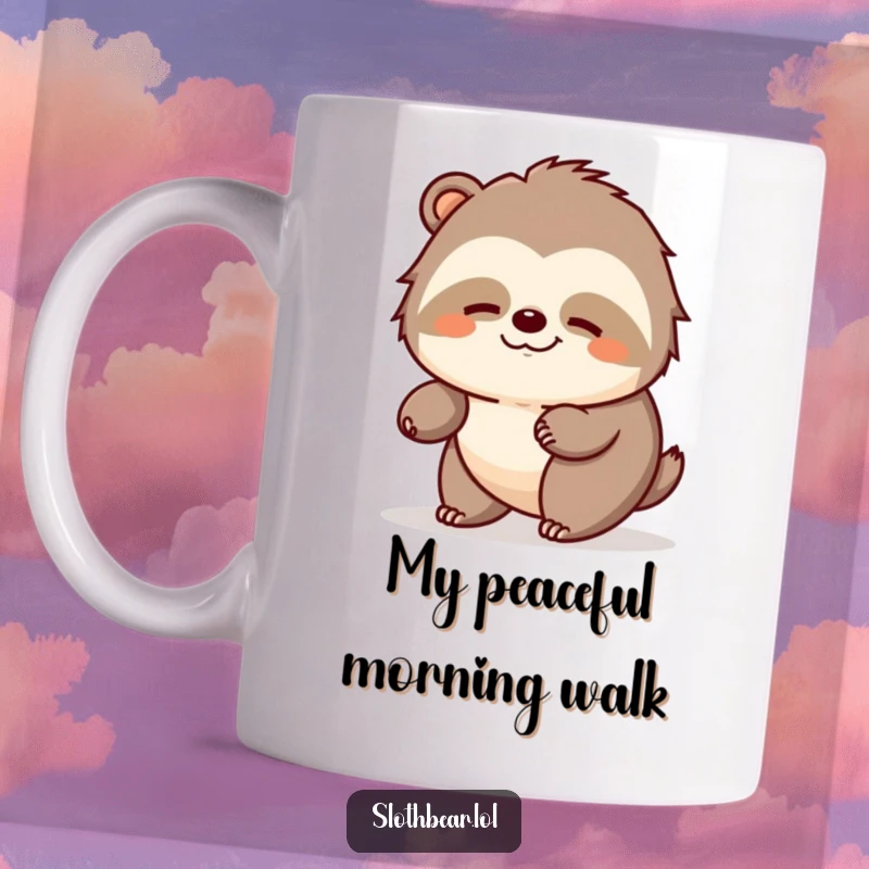 Funny sloth bear mug showing a bear ambling peacefully with a contented expression, a serene and calm nature scene.