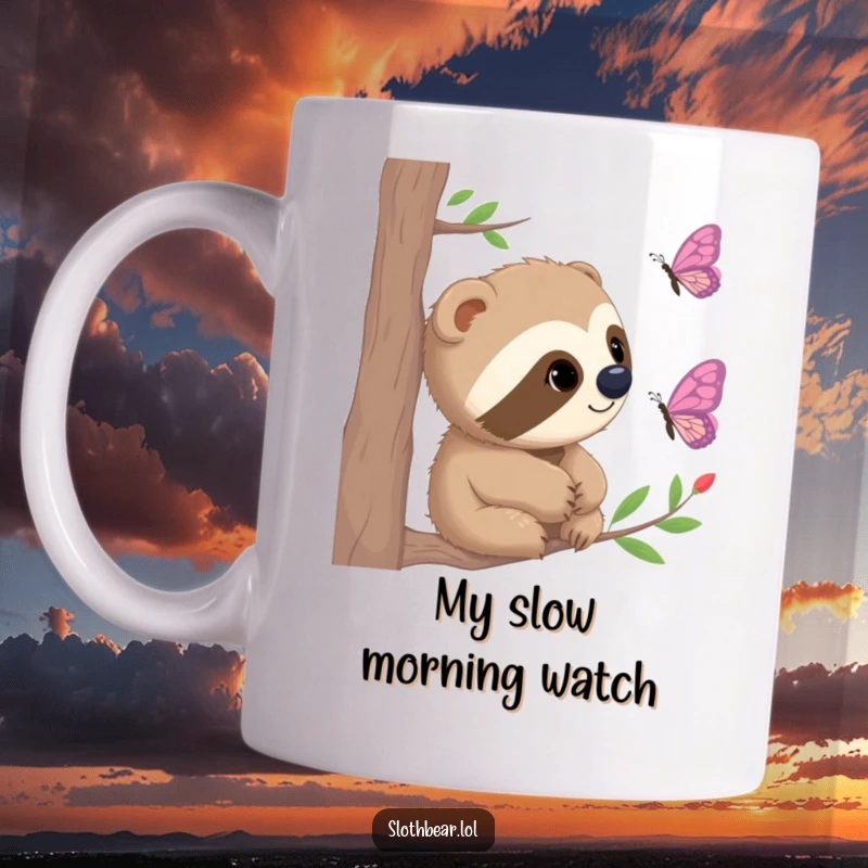 Funny Mug showing a sloth bear with wide, curious eyes watching a delicate butterfly flutter by, evoking gentle fascination.