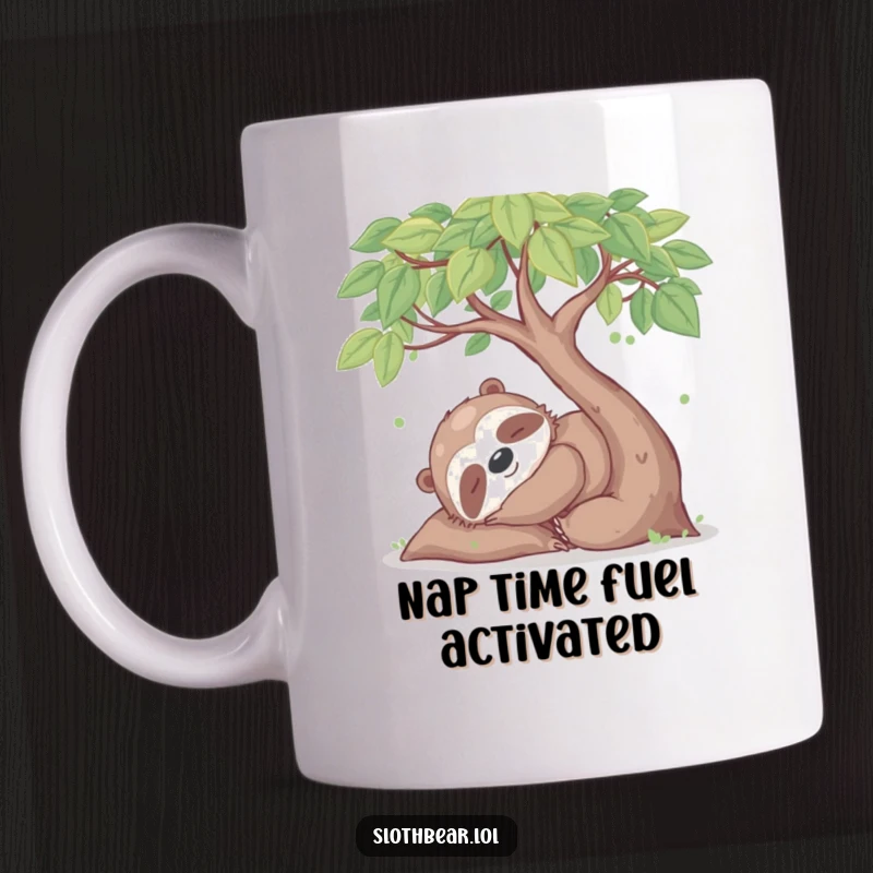 Funny mug featuring a happy sloth bear character peacefully napping under a leafy tree, embodying pure relaxation and chill vibes.