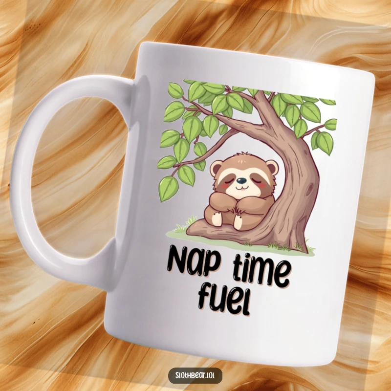 Funny sloth bear character peacefully napping under a lush, leafy tree, depicted on a tranquil and humorous mug.