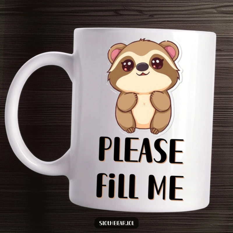 Funny Kawaii Sloth Bear Mug showing a cute bear with big innocent eyes looking up, perfect for an endearing and funny gift.