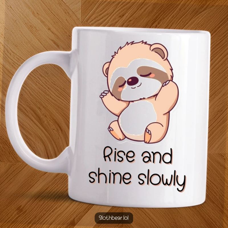 Funny Mug featuring a sloth bear character stretching leisurely after a nap, embodying relaxation and humor.