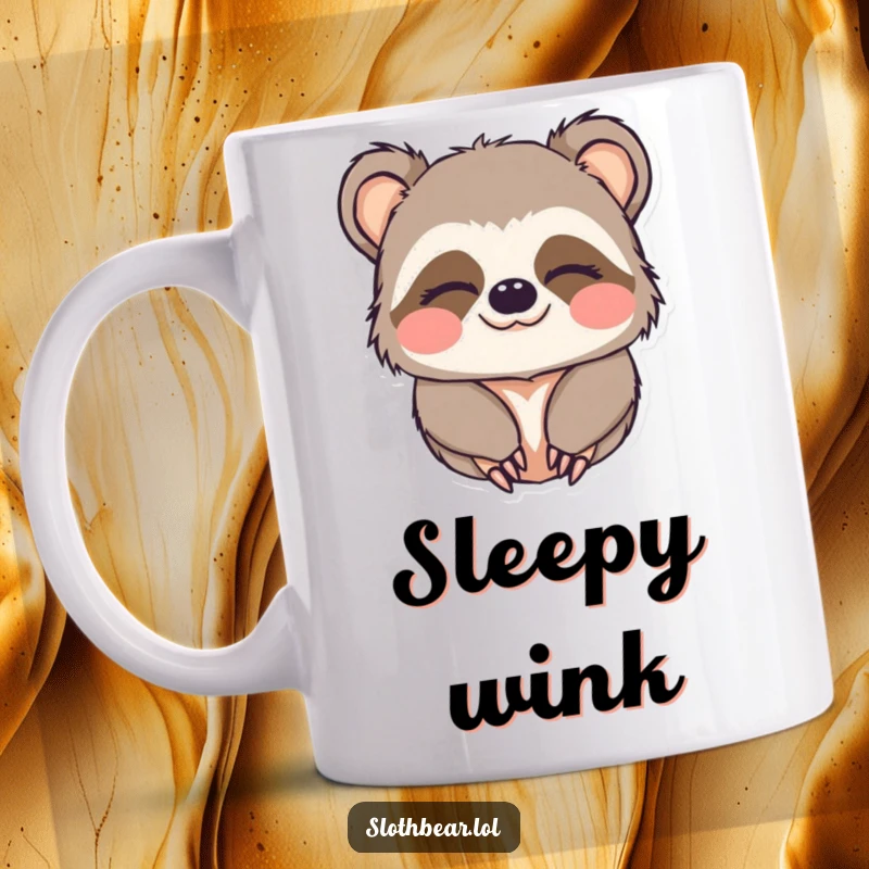 Funny mug showing a kawaii sloth bear character looking sleepy while giving a charming, slow wink.