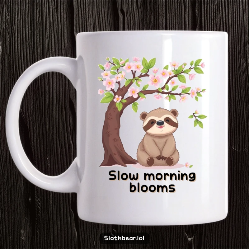 Funny sloth bear mug, sitting happily, under blooming tree branch, peaceful and content, perfect gift.