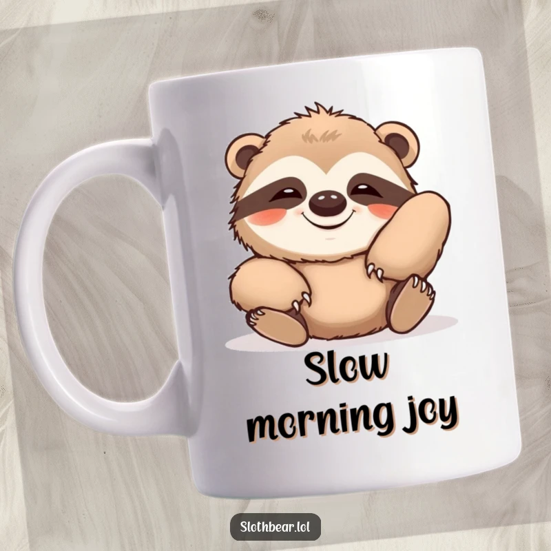 Funny mug featuring a sloth bear stretching lazily with its eyes closed and a big, contented grin, embodying ultimate relaxation.