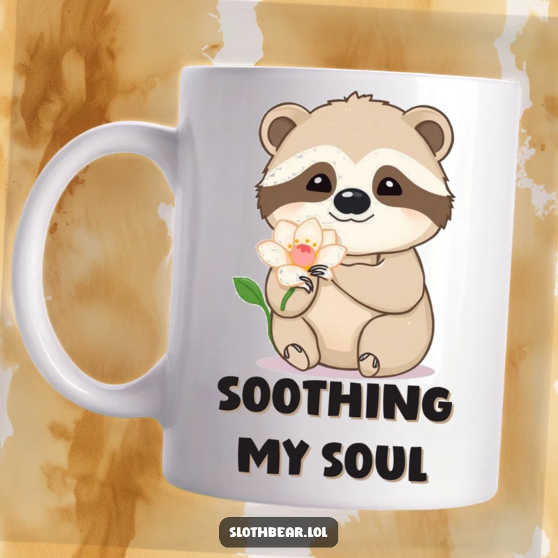 Funny sloth bear mug showing a bear gently stroking a flower petal with its paw, evoking tenderness and humor.