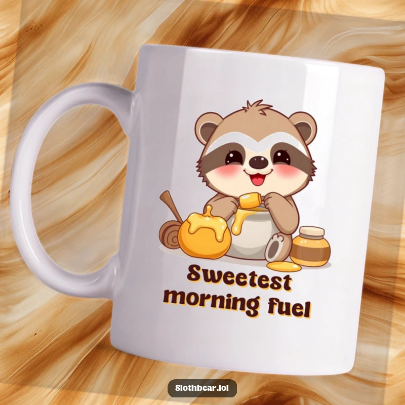 Funny mug featuring a smiling sloth bear happily munching on a honey pot, celebrating sweet indulgence.