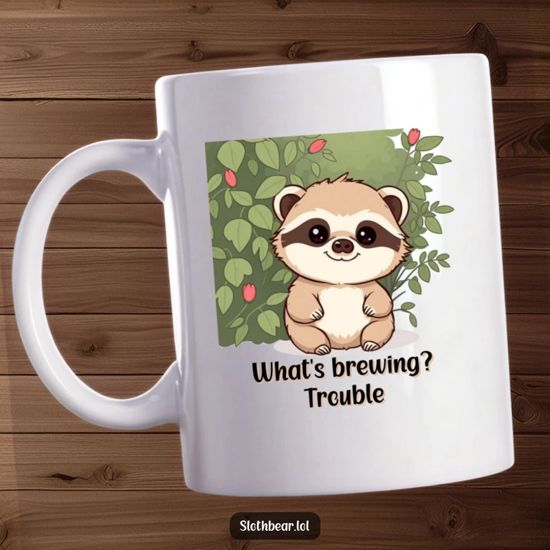 Funny mug showing a sloth bear with a mischievous glint in its eyes, peeking from behind a bush, suggesting playful secrets and fun.