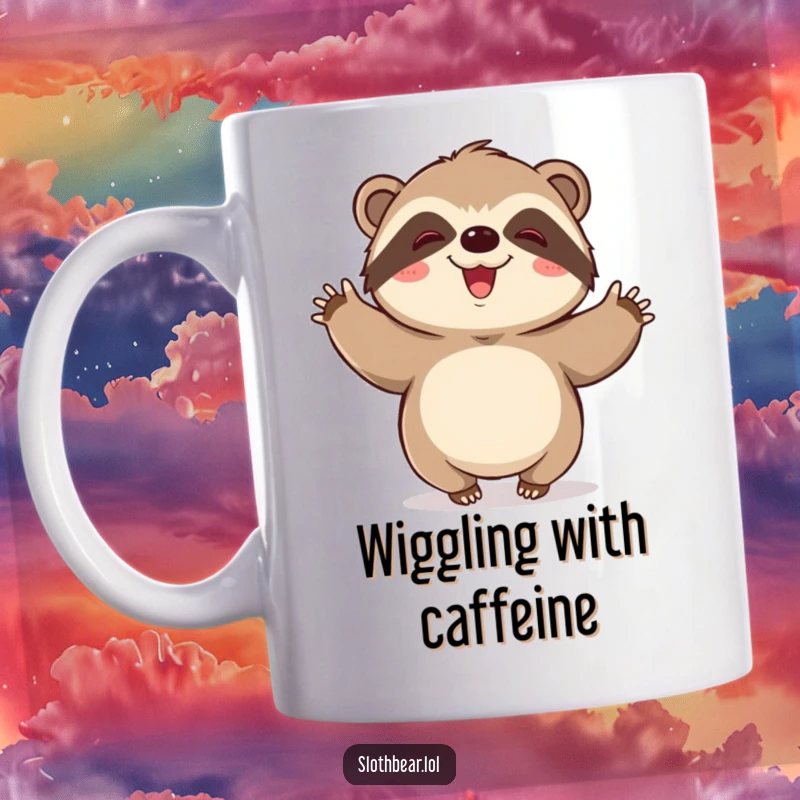 Funny mug design: A kawaii sloth bear character performing a slow, joyous wiggle with eyes closed in happiness.