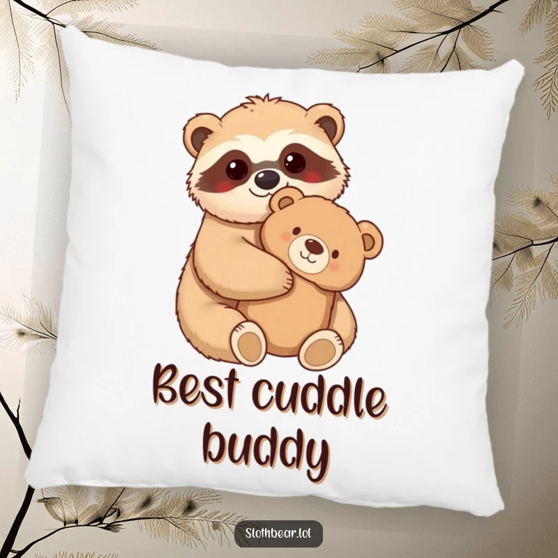 Funny Pillow featuring a kawaii sloth bear character hugging a fuzzy teddy bear, perfect for adding comfort and heartwarming humor.