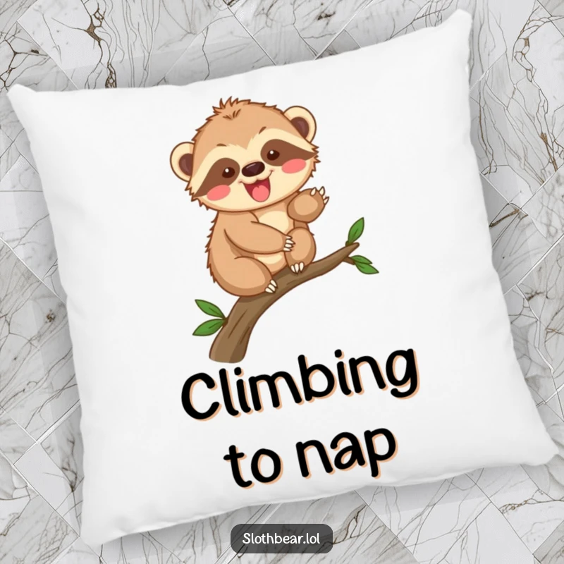 Funny sloth bear cub climbing pillow, a soft cushion featuring a character's clumsy ascent, perfect for adding playful comfort.